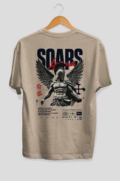 Ankhises Soars Back Štampano Bež Oversize kroj T-shirt Muškarci Žene Pamuk ok...