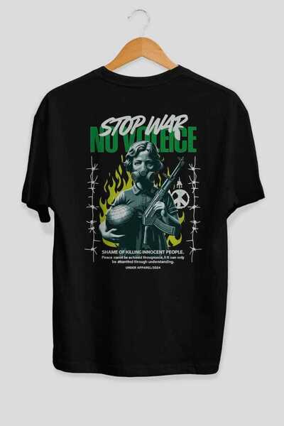 Ankhises Tricou oversize negru cu imprimeu pe spate Stop War, pentru bărbați ...