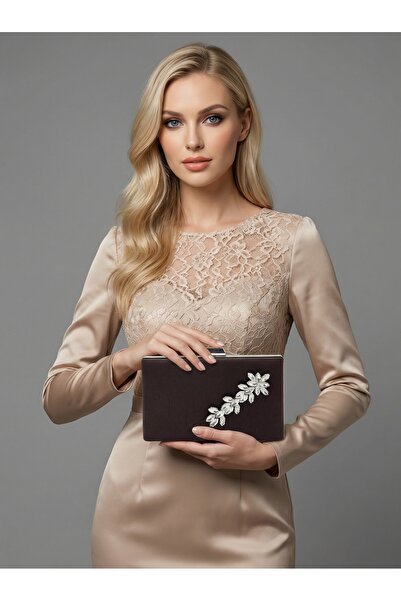 Biçanta Brown Z.A.R.A. Satin Crystal Stone Embroidered Chain Women's Evening ...