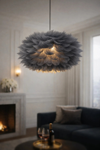 Ultra Home Ponpon Model Gri Tüylü Kumaş Modern Estetik Tekli Sarkıt Avize