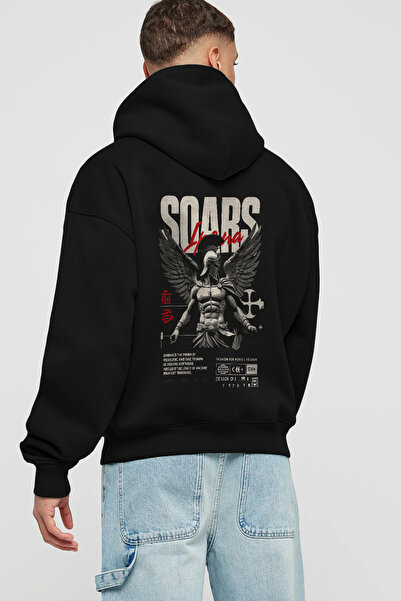 Ankhises Hanorac negru supradimensionat cu glugă și imprimeu pe spate Soars p...