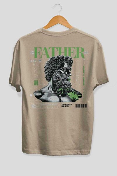 Ankhises Tricou oversize bej cu imprimeu pe spate Father Zeus, pentru bărbați...