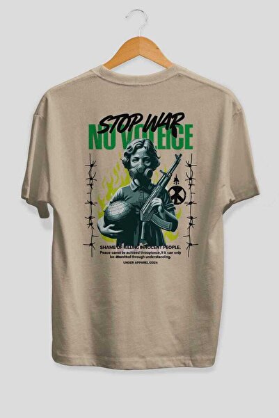 Ankhises Tricou oversize bej cu imprimeu pe spate Stop War, pentru bărbați și...