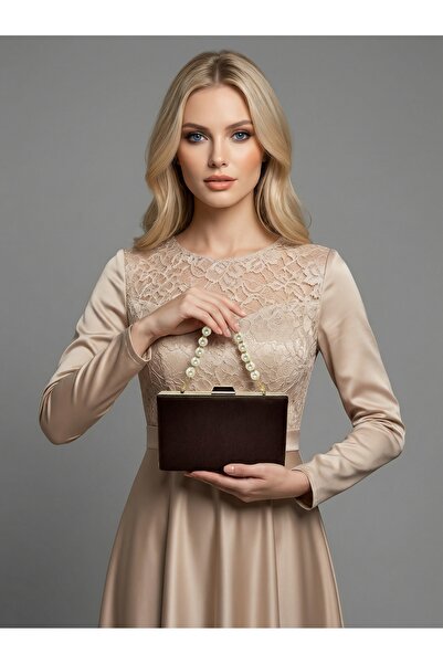 Biçanta Brown Z.A.R.A. Satin Crystal Stone Embroidered Chain Women's Evening ...