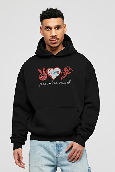 Ankhises Peace Love Cupid Μπλούζα με κουκούλα με στάμπα μπροστά, Μαύρη, Overs...