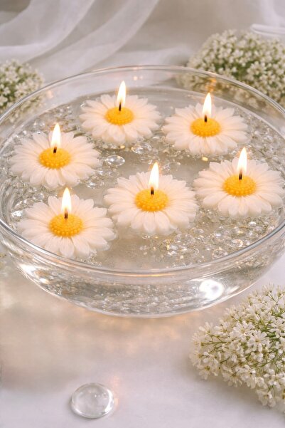 YASMELLA HOME Suda Yüzen Papatya Mum Seti 6’lı + El Yapımı Dekoratif Mum + Ma...