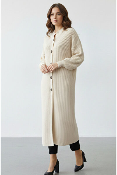 DİĞER1111 Uzun Düğmeli Cepsiz Bej Rengi Hırka