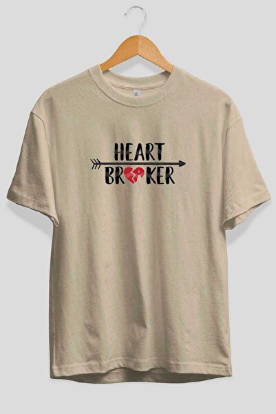 Ankhises Tricou Heart Breaker 2 cu imprimeu frontal, bej, supradimensionat, p...