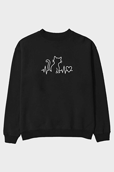 Ankhises Μπλούζα με στάμπα Cat Love μπροστά, μαύρη, oversized, ανδρική, γυναι...