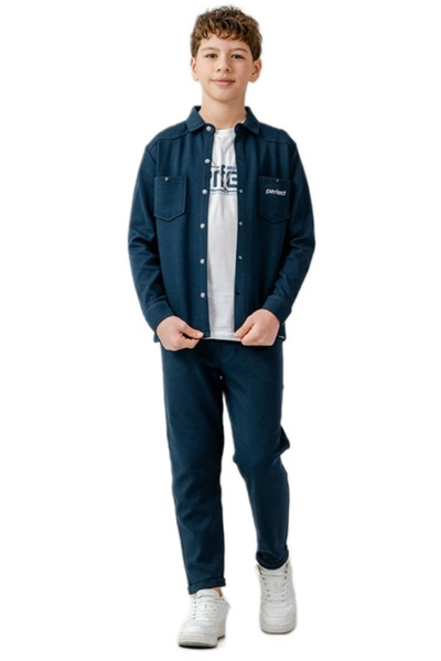 İrem Çocuk Giyim Erkek Çocuk Yazılı Çıtçıt Kapama Gömlek Beli Lastikli Pantol...