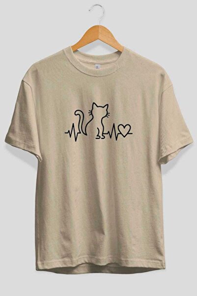 Ankhises Cat Love Front Printed Beige Oversize T-Shirt Men Women Cotton Crew ...
