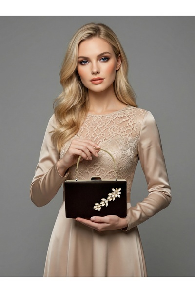 Biçanta Brown Z.A.R.A. Satin Crystal Stone Embroidered Chain Women's Evening ...