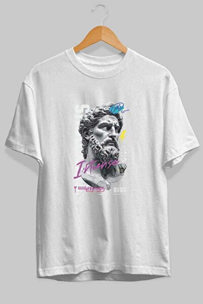 Ankhises تي شيرت زيوس إنتنس أبيض كبير الحجم مطبوع من الأمام للرجال والنساء من...