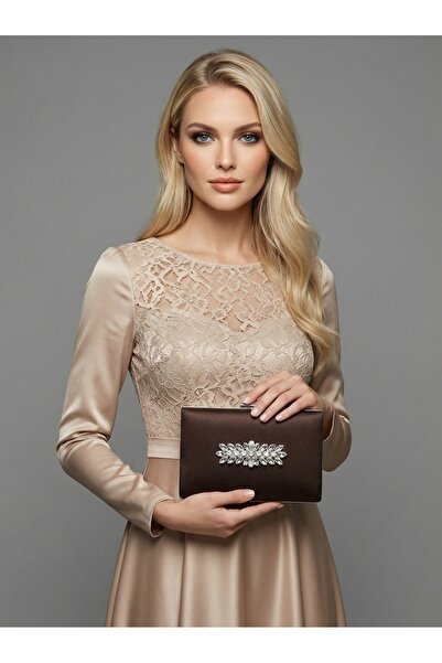 Biçanta Brown Z.A.R.A. Satin Crystal Stone Embroidered Chain Women's Evening ...