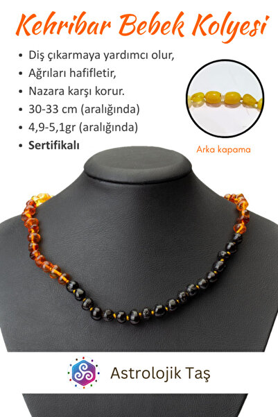 astro stone Sertifikalı Damla Kehribar Bebek Diş ve Nazar Kolyesi (Parlak Geç...
