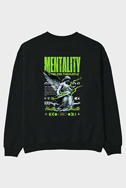 Ankhises Hanorac oversize negru cu imprimeu pe spate Mentality, pentru bărbaț...