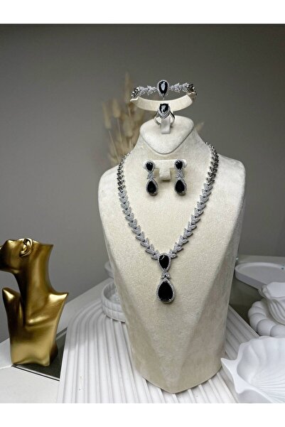 Luxiva Beyaz altın kaplama premium zirkon taşlı kolye bileklik küpe yüzük lük...