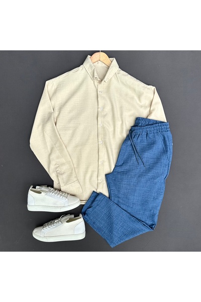 THEGENTMAN Men's Crinkle Linen Shirt Pants Set