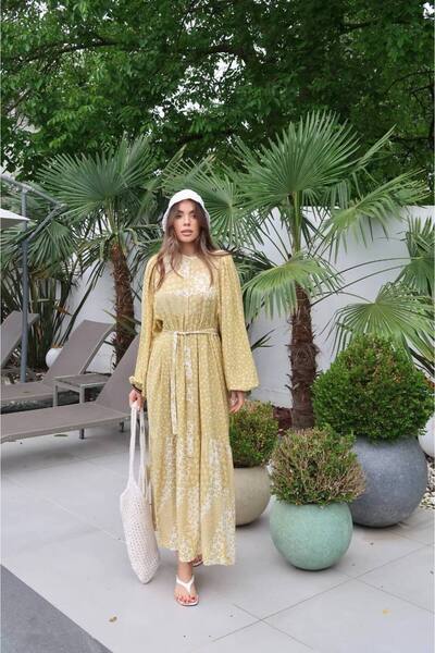 Lady Pixie Yellow Floral Patterned Belted Waist Judge Collar Dress