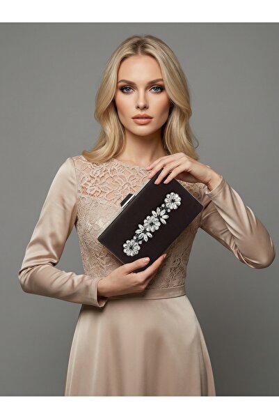 Biçanta Brown Z.A.R.A. Satin Crystal Stone Embroidered Chain Women's Evening ...