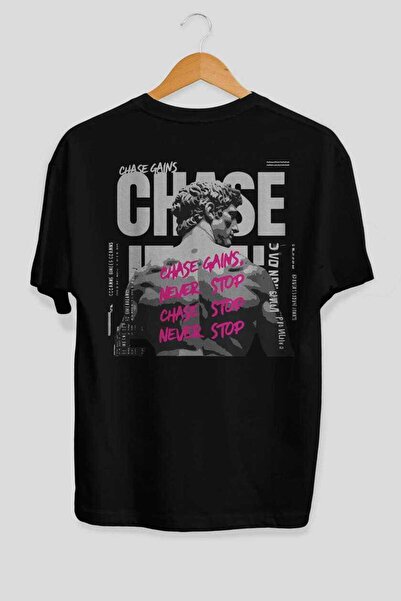 Ankhises تي شيرت Chase Gains أسود كبير الحجم مطبوع من الخلف للرجال والنساء من...