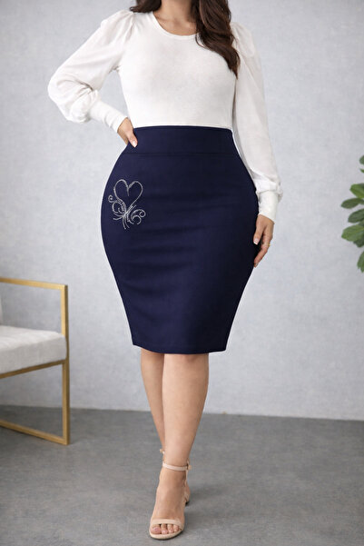 CARABO MODA High-Waisted Sparkly Heart-Print Midi Pencil Skirt