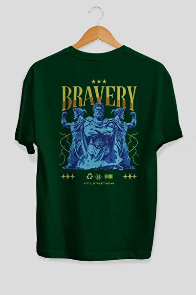 Ankhises Bravery Back Printed Green Oversize T-Shirt Men's Women's Cotton Cre...