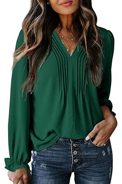 Dokotoo Green loose blouse with long sleeves, V-neck, breathable, XL