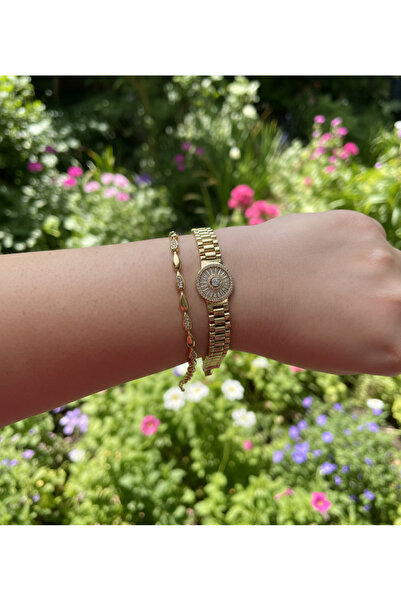 BFB aksesuar 14K 2'li Bileklik Seti - Baget Taşlı Saat Zinciri ve Su Yolu Kom...