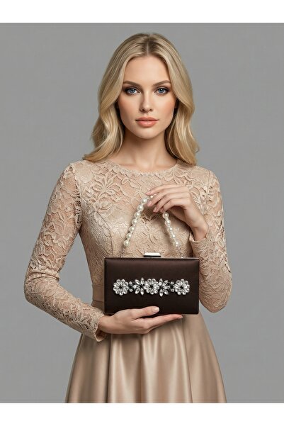 Biçanta Brown Z.A.R.A. Satin Crystal Stone Embroidered Chain Women's Evening ...