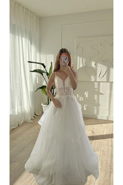 Büşrayla Moda Askılı Dantel Kaplı Transparan Gelinlik
