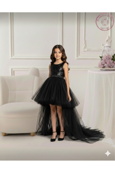 PRİNCESS Kız Çocuk Siyah Payetli Tül Kuyruklu Mezuniyet Elbisesi,Abiye Elbise