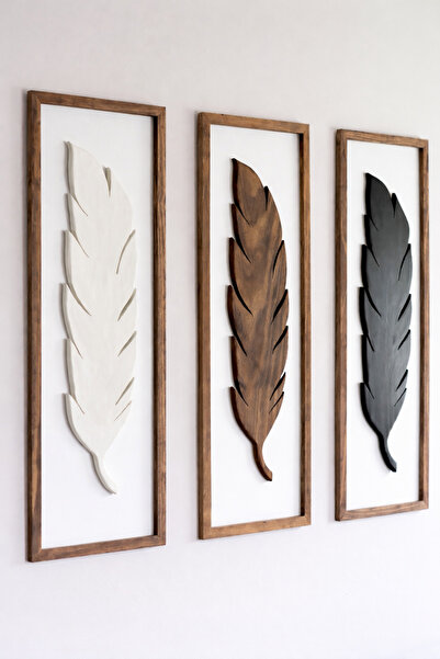 Kütük shop Ahşap Yaprak Çerçeve Tablo Bohem/İskandinav 3 Adet 60x25cm