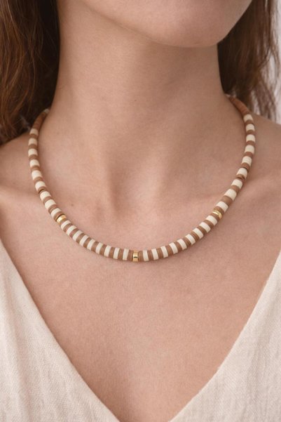 Archhazel Jewelery Beige & Cream Handmade Fimo Bead Necklace – Gold Detailed