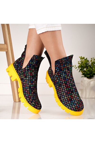 Polinski Shoes Women's Boots Natural Leather Multicolor Dots with Yellow Sole...