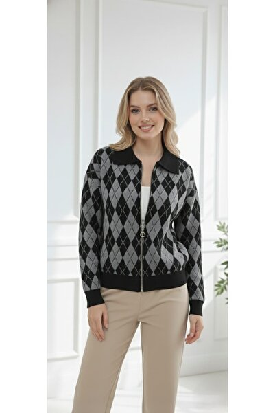 ZARİNCE LİFE Women's Argyle Patterned Zippered Knitwear Jacket Cardigan
