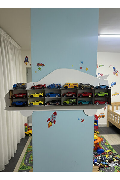 Minçu Toys 12'li Ahşap Araba Rafı, Duvar Tipi Çocuk Odası Oyuncak Rafı, 1:64 ...