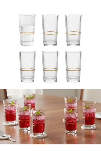 Premium طقم أكواب زجاجية شفافة مكون من 6 أكواب شرب بحلقة ذهبية