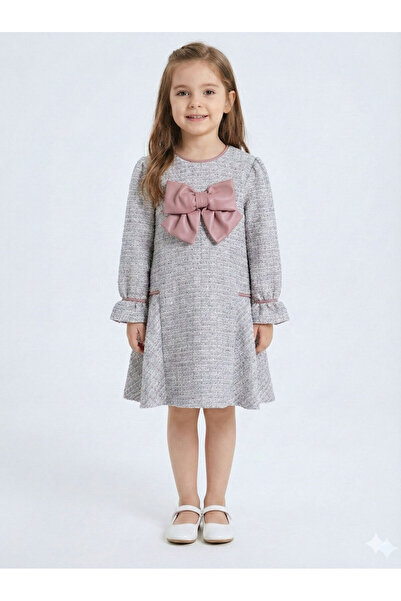 XO Kids فستان بناتي من التويد بأكمام مزينة بفيونكة جلدية 3-7 سنوات 4415
