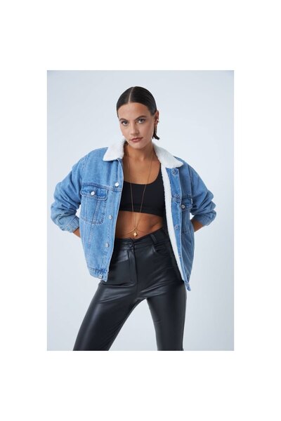 ESPERANZA BOUTIQUE Kadın Mavi Kürklü Kot Ceket Oversize İçi Peluş Jean Mont