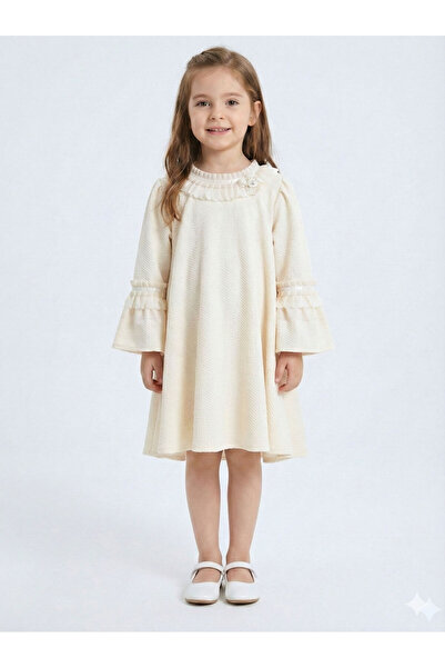XO Kids Spanish Sleeve Ruffle Collar Girl's Cream Dress 4-10 Years 4405