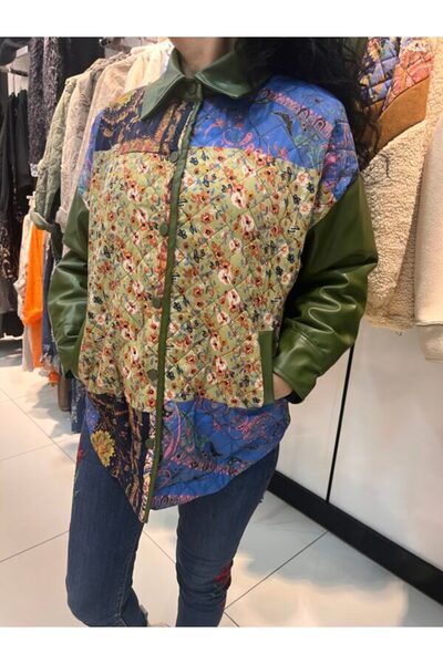 Ayris Suni Deri Kollu Kapitone Patchwork Ceket
