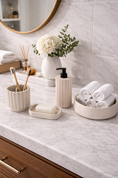 Zigzag Home Decorative 4-Piece Striped Model Bathroom Set, Solid and Liquid S...