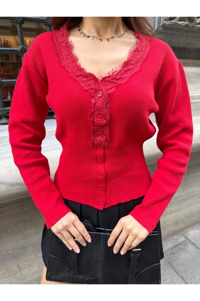 TOFİX textile Women's lace detailed crop knit cardigan – v-neck, elegant design