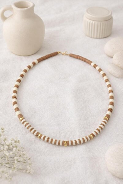 Archhazel Jewelery Bej & Krem El Yapımı Fimo Boncuk Kolye – Gold Detaylı