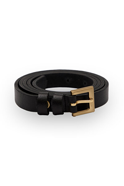 Velvoria Women's Black Color Shiny Gold Buckle Thin Leather Belt