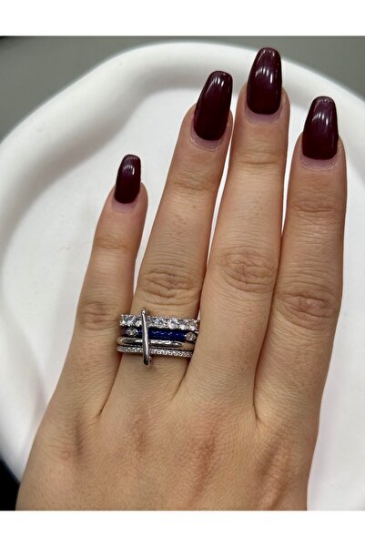 mibrillo Silver Color Blue Detailed Multiple Ring