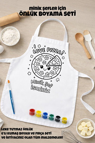 BaskılıTshirt Çocuk Şef Önlüğü Boyama Seti – Kişiye Özel İsimli, Pizza Desenl...