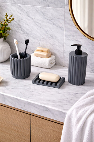 Zigzag Home Set decorativ pentru baie, 3 piese, cu design în dungi, dozator d...