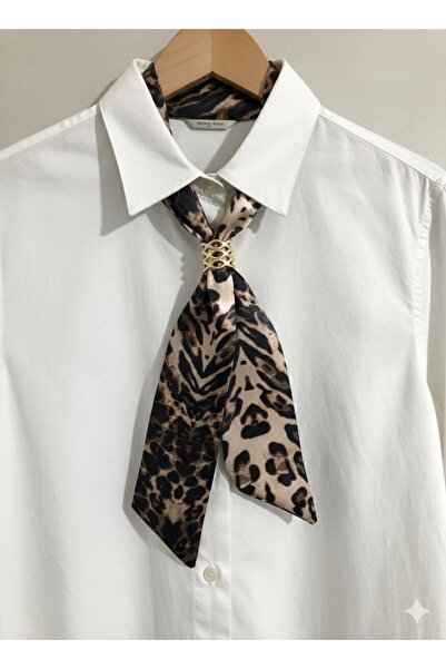 alinastore Leopard Patterned Thin Scarf with Buckle, Bandana, Ribbon (6X90Cm)